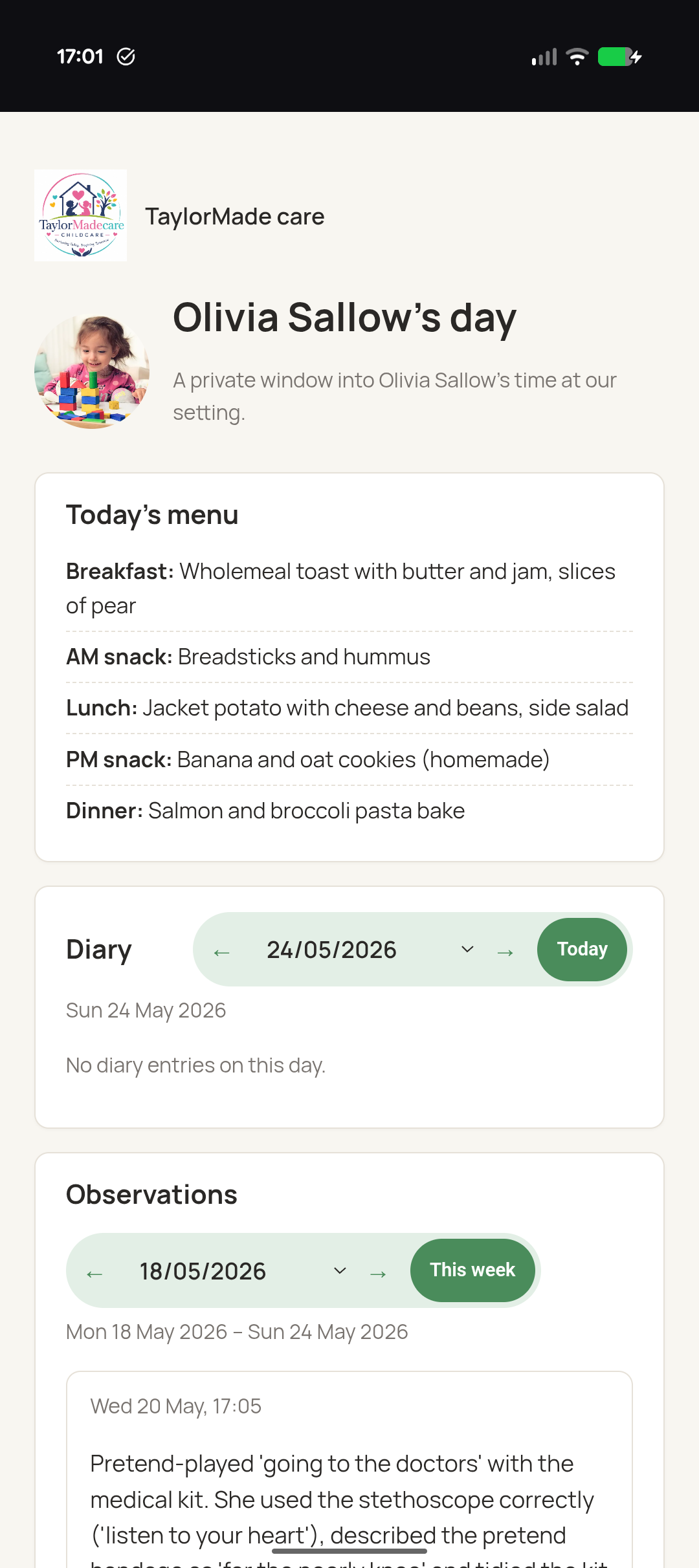 A parent's private link viewed on a phone: the setting's branding, the child's profile, today's menu and a diary of activities.