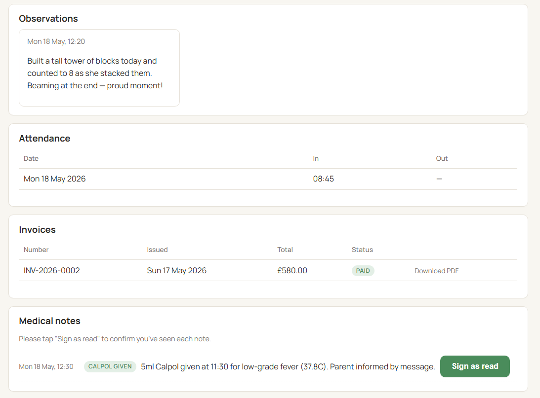 The same parent's private link, scrolled down: today's observation, attendance signed in at 08:45, a paid invoice with a Download PDF link, and a medical-notes card with a prominent Sign as read button.