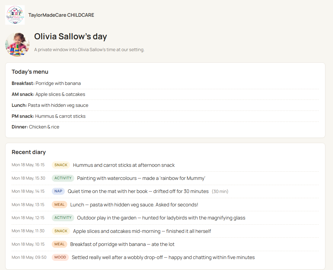 A parent's private link showing the childminder's branding, the child's profile, today's menu, and a coloured diary of feeds, snacks, naps and activities throughout the day.